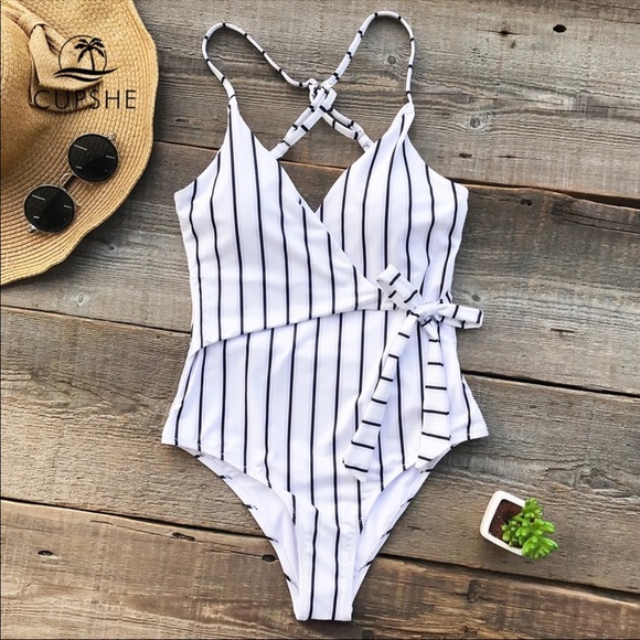 Cupshe Other - Cupshe Stay Young White Stripe Wrap One Piece